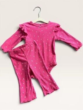 NWOT Carter's Baby Girl Hot Pink Ribbed Floral Ruffle Bodysuit Pant Set 6M